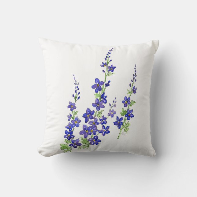Larkspur Flowers Watercolor Pillow (Front)