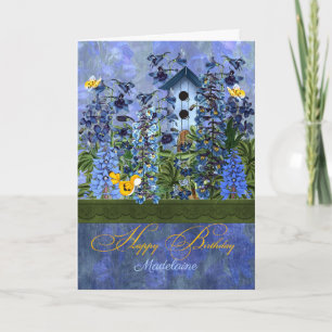 Larkspur Garden with Birdhouse with Name Birthday Card