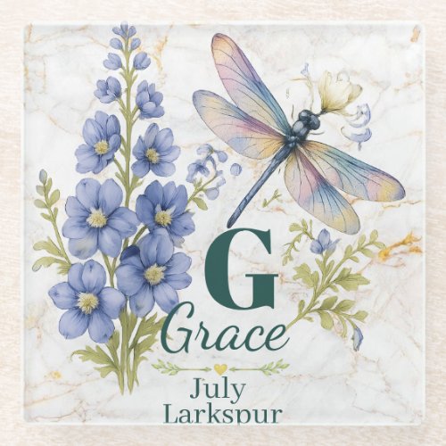 Larkspur July Birth Flower Dragonfly Personalized Glass Coaster