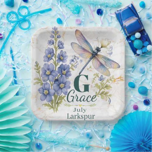 Larkspur July Birth Flower Dragonfly Personalized  Paper Plates