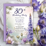 Larkspur | Water Lily Floral 80th Birthday Party Invitation<br><div class="desc">Elegant larkspur and water lilies floral design "80th Birthday Party" design featuring a floral frame of purple larkspur and water lilies on a pastel-toned watercolor background.</div>