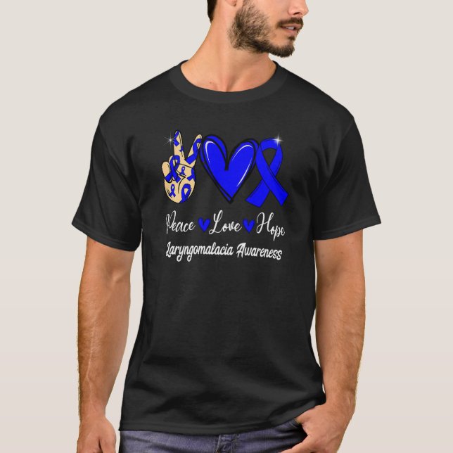 Laryngomalacia Awareness Peace Love Hope Blue Ribb T-Shirt (Front)