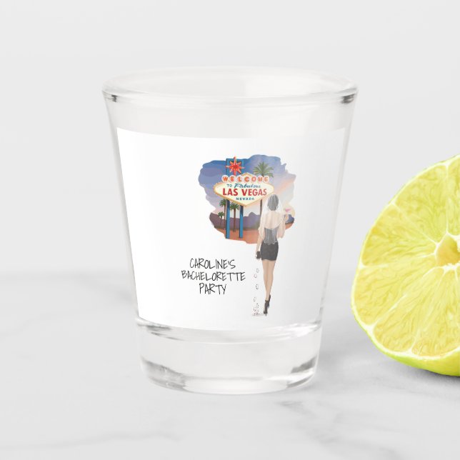 Las Vegas Bachelorette Black Hair Bride Shot Glass (Front)