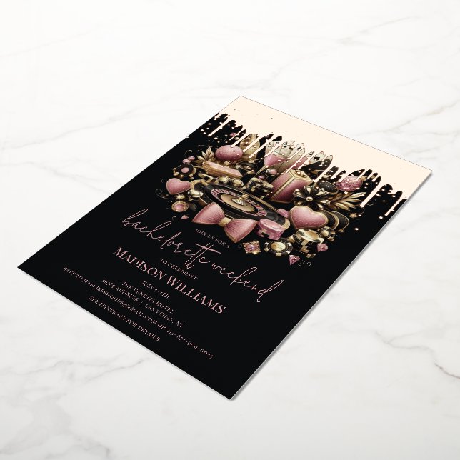 Las Vegas Bachelorette Luxury Black Pink Gold Foil Invitation (Rotated)