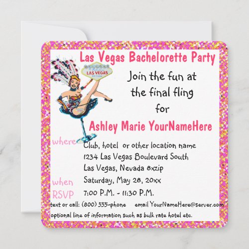 Las Vegas Bachelorette Party Pink Sparkle Invitation