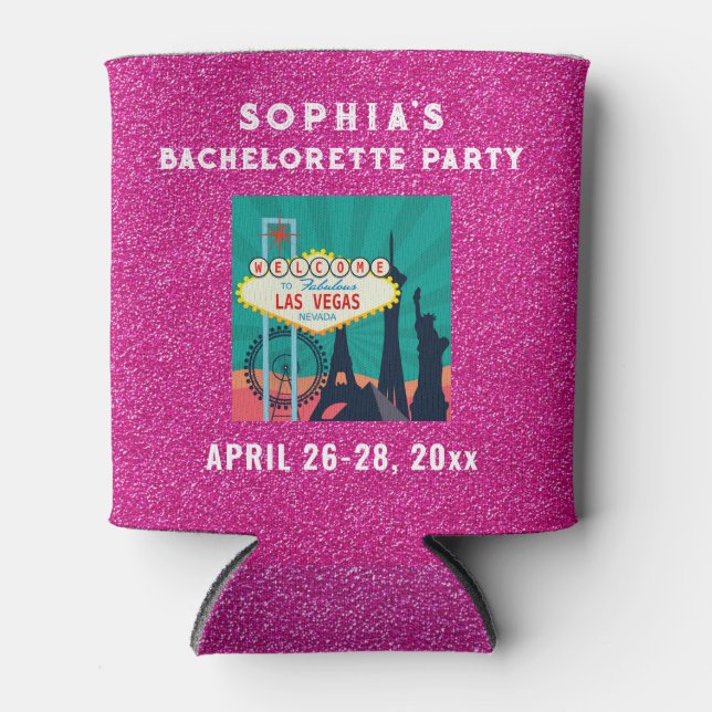 Las Vegas Bacherolette Party Favor Pink Glitter Can Cooler (Front)