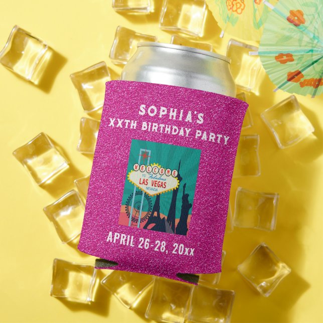 Las Vegas Birthday Party Favor Pink Glitter Can Cooler (In Situ Summer)