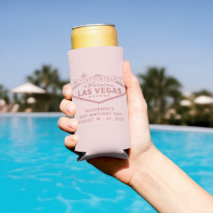 Las Vegas Birthday Trip Pink Personalized Favor Seltzer Can Cooler