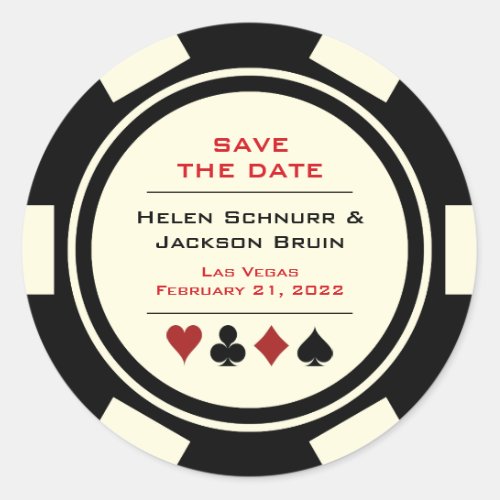 Las Vegas Black Cream Poker Chip Save The Date Classic Round Sticker