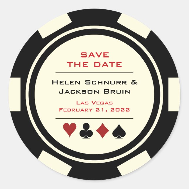 Las Vegas Black Cream Poker Chip Save The Date Classic Round Sticker (Front)