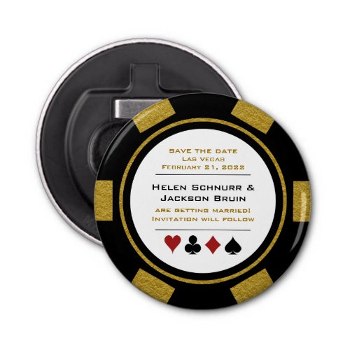 Las Vegas Black Gold Poker Chip Save The Date Bottle Opener