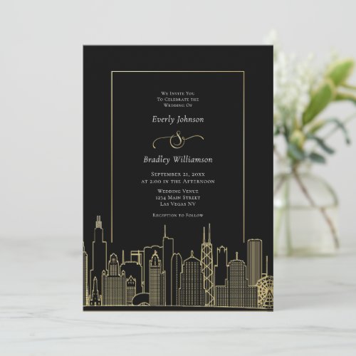 Las Vegas Black Gold White Elegant Photo Wedding Invitation