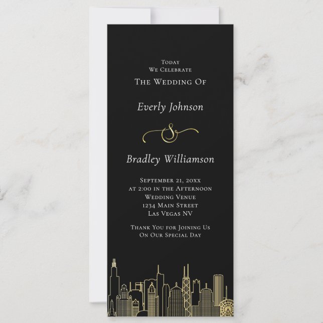 Las Vegas Black Gold White Skyline Wedding Program (Front)
