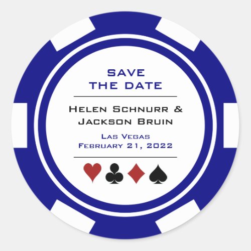 Las Vegas Blue White Poker Chip Save The Date Classic Round Sticker