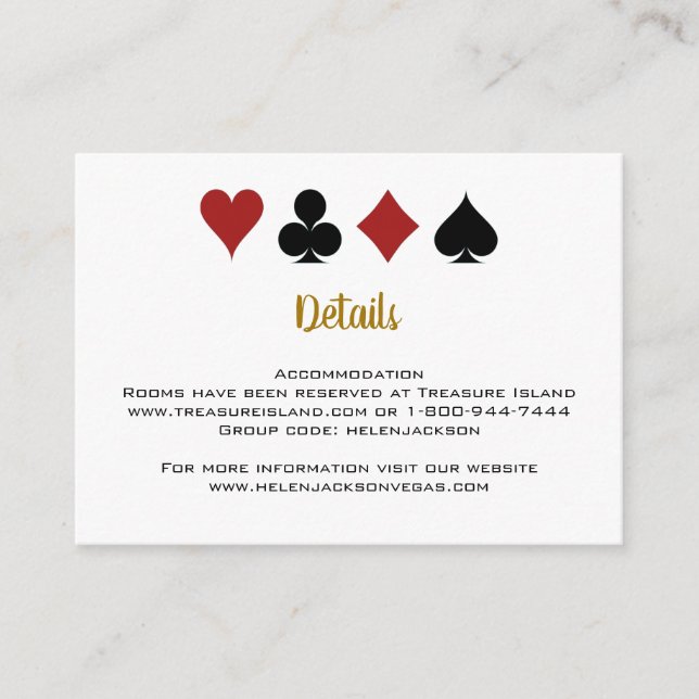 Las Vegas Casino Black Gold White Wedding Details Enclosure Card (Front)
