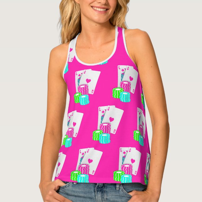 Las Vegas Casino Blackjack Cards And Chips Pink Tank Top (Front)