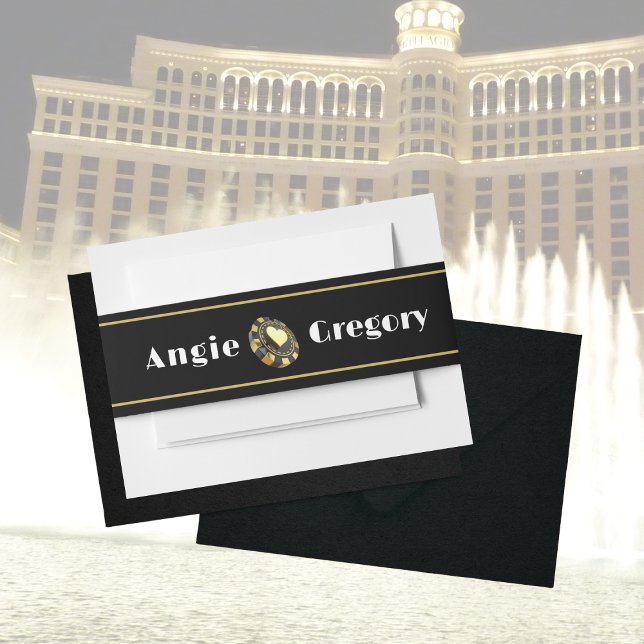 Las Vegas Casino Chip Black Gold Heart Wedding   Invitation Belly Band (Creator Uploaded)
