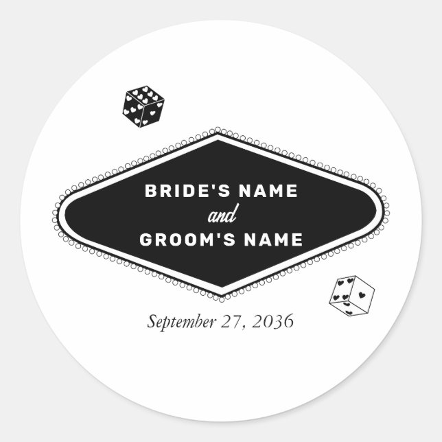 Las Vegas Casino Destination Wedding Black White Classic Round Sticker (Front)