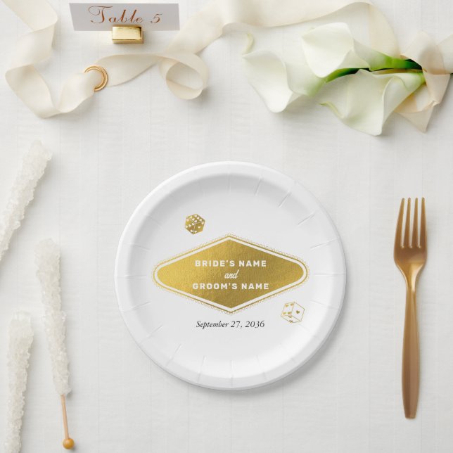 Las Vegas Casino Destination Wedding Gold Paper Plates (Wedding)