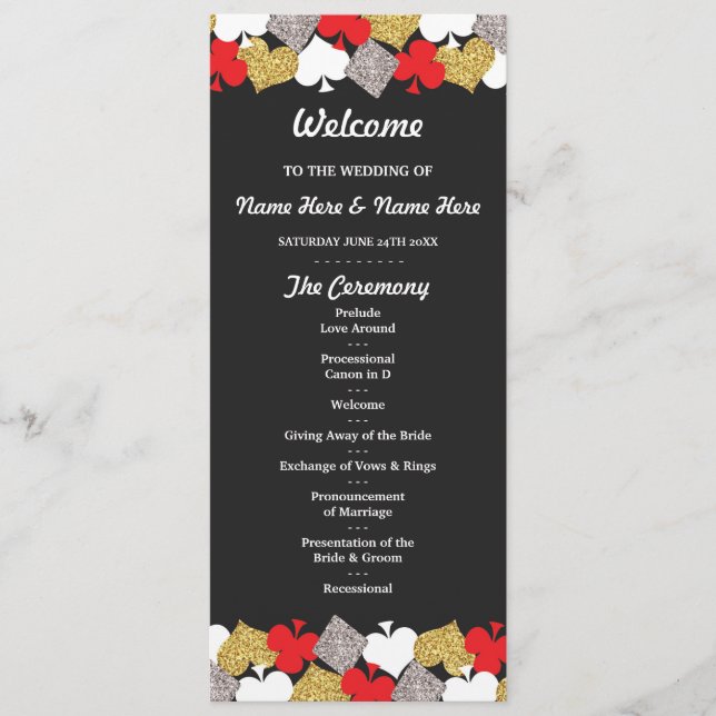 Las Vegas Casino Glitter Cards Wedding Program (Front)