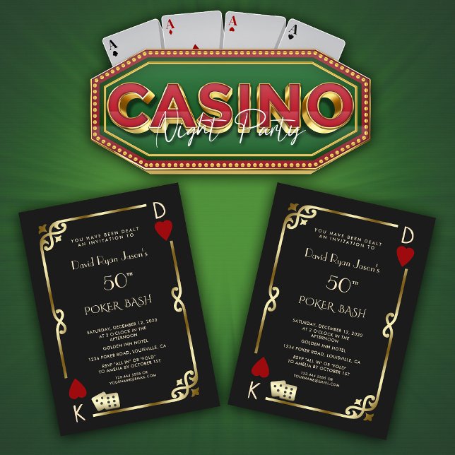 Las Vegas Casino Night Great Gatsby Man Birthday Invitation (elegantArt Deco birthday party invitation, trendy casino poker bash invitation, gold black invite)