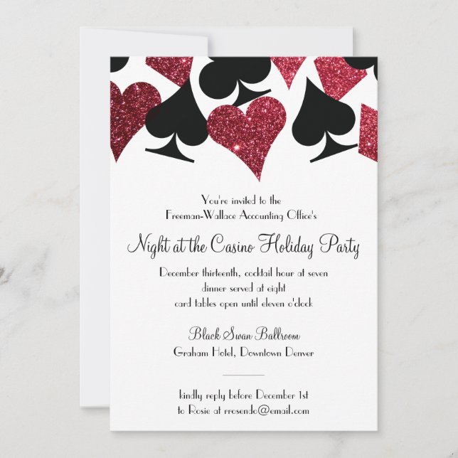 Las Vegas Casino Party Black and Faux Red Glitter Invitation (Front)