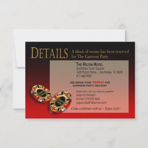 Las Vegas Casino Party Details  red black gold Invitation