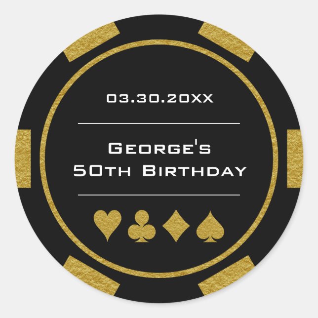 Las Vegas Casino Poker Chip Gold Black Birthday Classic Round Sticker (Front)