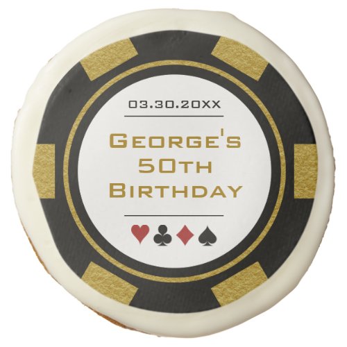Las Vegas Casino Poker Chip in Black Gold Birthday Sugar Cookie