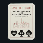 Las Vegas Casino Skyline Wedding Save The Date Magnet<br><div class="desc">A fun and modern wedding Save the Date magnet to excite your guests for your wedding in Las Vegas! This Save the Date features graphite black bold playing card suit graphics, a modern Las Vegas skyline rendering, and fully customizable font and text on ivory cream background. On the back, you...</div>