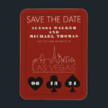 Las Vegas Casino Skyline Wedding Save The Date Magnet<br><div class="desc">A fun and modern wedding Save the Date magnet to excite your guests for your wedding in Las Vegas! This Save the Date features graphite black bold playing card suit graphics, a modern Las Vegas skyline rendering, and fully customizable font and text on casino red background. Perfect for a trendy...</div>