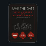 Las Vegas Casino Skyline Wedding Save The Date Magnet<br><div class="desc">A fun and modern wedding Save the Date magnet to excite your guests for your wedding in Las Vegas! This Save the Date features casino red bold playing card suit graphics, a modern Las Vegas skyline rendering, and fully customizable font and text on graphite black background. Perfect for a trendy...</div>