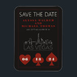Las Vegas Casino Skyline Wedding Save The Date Magnet<br><div class="desc">A fun and modern wedding Save the Date magnet to excite your guests for your wedding in Las Vegas! This Save the Date features casino red bold playing card suit graphics, a modern Las Vegas skyline rendering, and fully customizable font and text on graphite black background. Perfect for a trendy...</div>