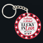 Las Vegas Casino Wedding Favor Keychain<br><div class="desc">This Poker Four Suits Pattern Lucky in Love wedding design is the perfect way to add a touch of luck and sophistication to your special day. Featuring a classic red , black and white poker pattern with four suits, this design is both elegant and playful. Personalize your wedding design with...</div>
