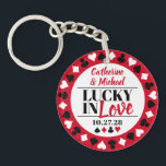 Las Vegas Casino Wedding Favor Keychain<br><div class="desc">This Poker Four Suits Pattern Lucky in Love wedding design is the perfect way to add a touch of luck and sophistication to your special day. Featuring a classic red , black and white poker pattern with four suits, this design is both elegant and playful. Personalize your wedding design with...</div>
