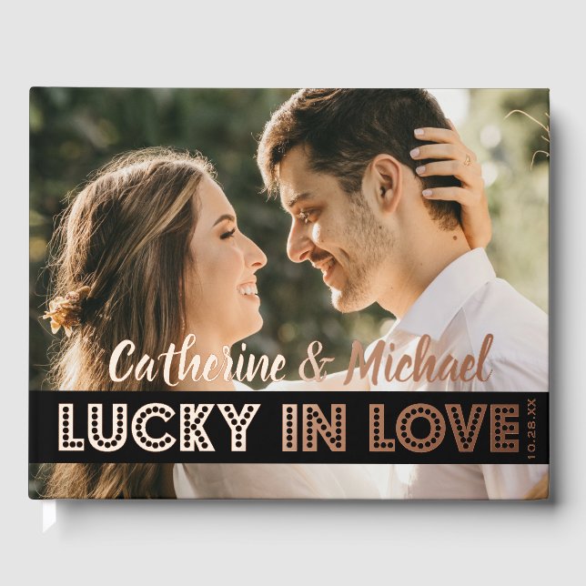 Las Vegas Casino Wedding Photo Black & Gold Foil Guest Book (Front)