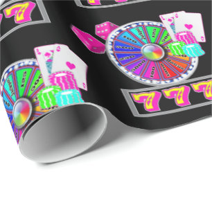 Las Vegas Casino Wheel, Blackjack, Dice Neon Color Wrapping Paper