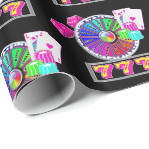Las Vegas Casino Wheel Blackjack Dice Neon Color Wrapping Paper