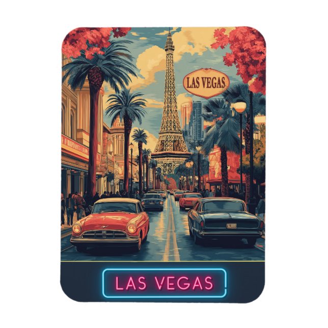 Las Vegas Cityscape with Eiffel Tower - Retro Magnet (Vertical)