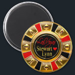 Las Vegas Deluxe Gold & Red Casino Chip Favor Magnet<br><div class="desc">If you're Doing It In Vegas or having a Las Vegas themed wedding or reception, these gold, red & black casino chip magnets make the perfect wedding favors! For questions & requests, email me at glamprettyweddings.com/contact. Matching wedding invitations, save the date cards, RSVP cards, envelope decals and stickers are also...</div>