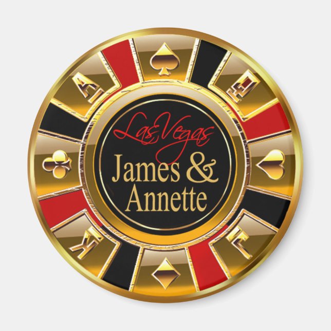 Las Vegas Deluxe Gold & Red Casino Chip Favor Magnet (Front)