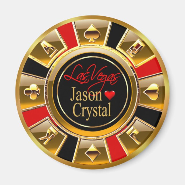Las Vegas Deluxe Gold & Red Casino Chip Favor Magnet (Front)