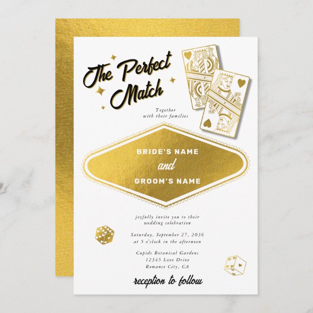 Las Vegas Destination Perfect Match Wedding Gold Invitation (Front/Back)