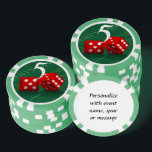 Las Vegas Dice Craps Table Poker Chips<br><div class="desc">* Crap table background with red Las Vegas Dice - a real Gamblers Delight ! * Nice as a parting gift, wedding reception gifts or Las Vegas personalized Wedding gift for your wedding crew. * Poker chips have nine color options. * Choose font style, color and size of text for...</div>
