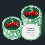 Las Vegas Dice Craps Table Poker Chips<br><div class="desc">* Crap table background with red Las Vegas Dice - a real Gamblers Delight ! * Nice as a parting gift, wedding reception gifts or Las Vegas personalized Wedding gift for your wedding crew. * Poker chips have nine color options. * Choose font style, color and size of text for...</div>