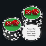 Las Vegas Dice Poker Chips<br><div class="desc">* Green background with red Las Vegas Dice - a real Gamblers Delight ! * Nice as a parting gift, wedding reception gifts or Las Vegas personalized Wedding gift for your wedding crew. * Poker chips have nine color options. * Change background color to color of your choice. * Choose...</div>
