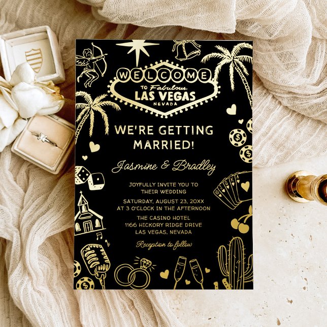 Las Vegas Fun Doodle Wedding Black & Gold Foil Invitation (Creator Uploaded)