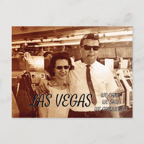 LAS VEGAS FUNNY 1960S COUPLE CRAZY HAIR MAN NERD HOLIDAY POSTCARD