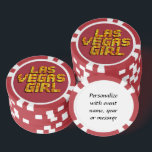 Las Vegas Girl  Poker Chips<br><div class="desc">* Crap table background with neon Lights 'Las Vegas Girl' - a real Gamblers Delight ! * Nice as a parting gift, wedding reception gifts or Las Vegas personalized Wedding gift for your wedding crew. * Poker chips have nine color options. * Change the background color (black) to a color...</div>