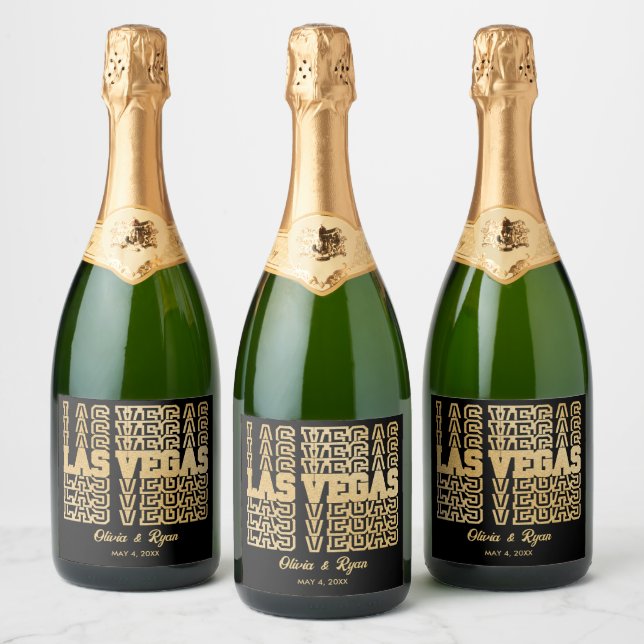 Las Vegas Glam Wedding Personalized Gold & Black Sparkling Wine Label (Bottles)